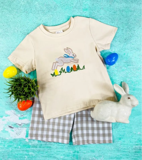 boy Easter bunny top blue checkered shorts outfit preorder