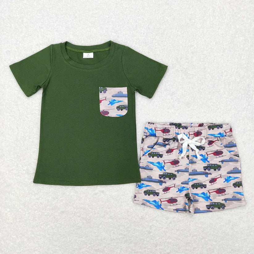 Mallard duck camo pocket top brown shorts boy summer outfit