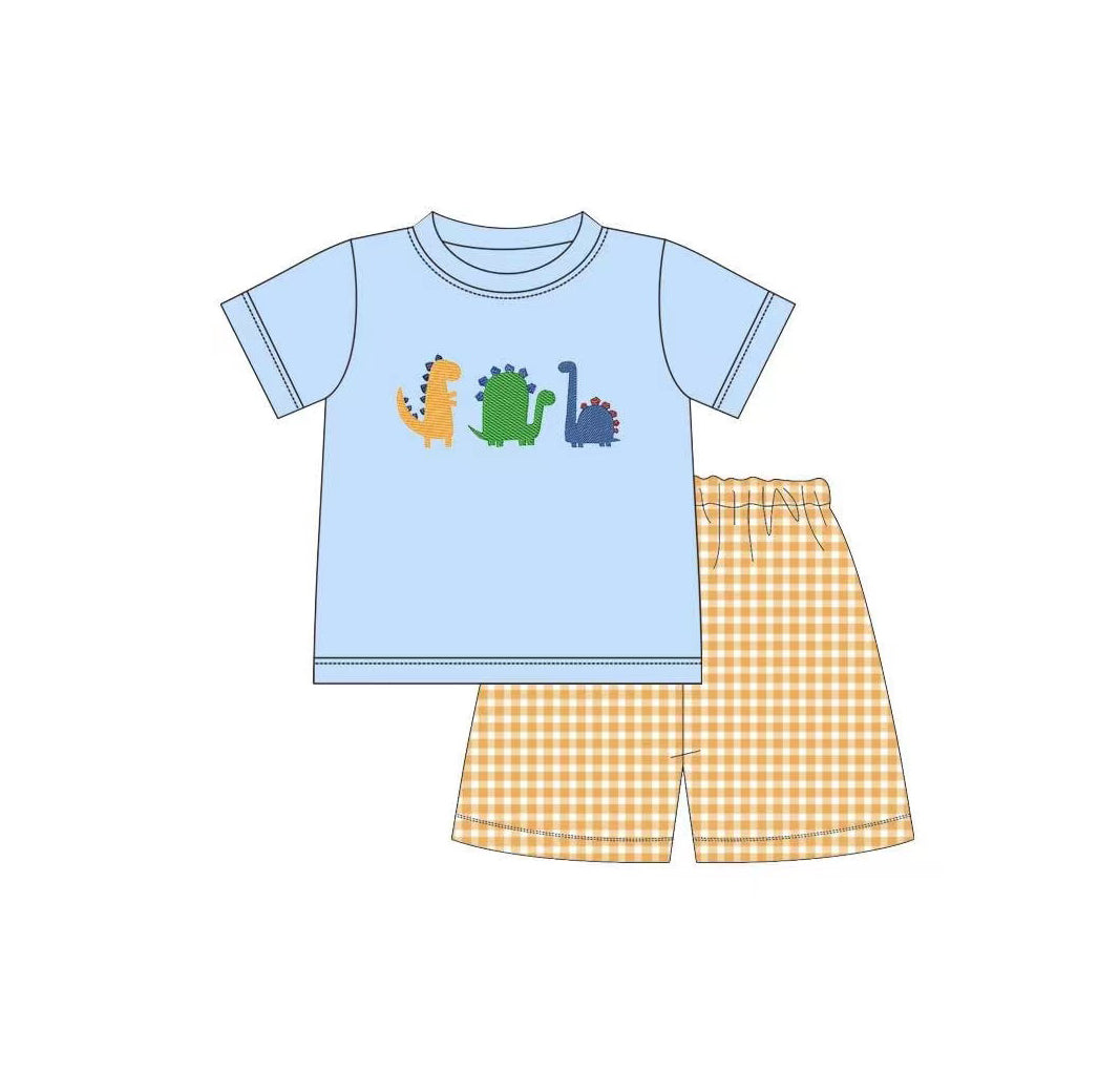 dinosaur top yellow gingham boy summer outfit preorder