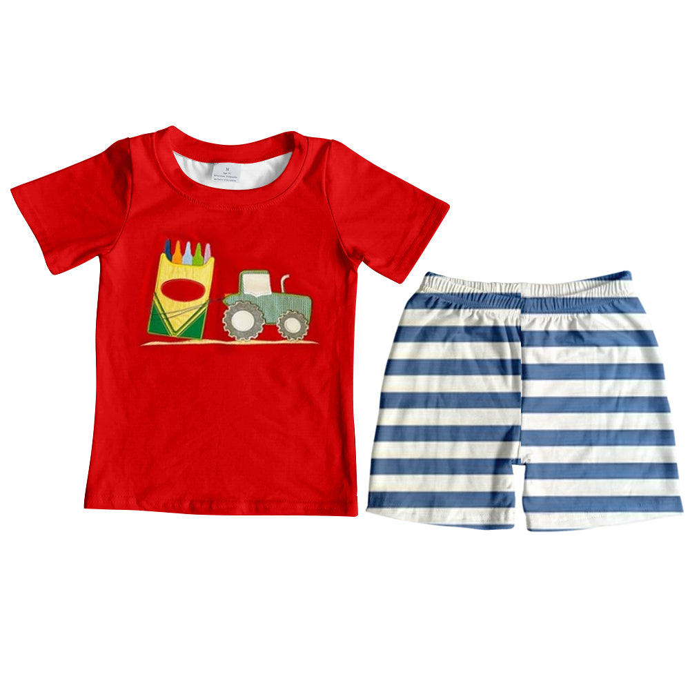 baby boy tractor red shirt stripes shorts outfit preorde