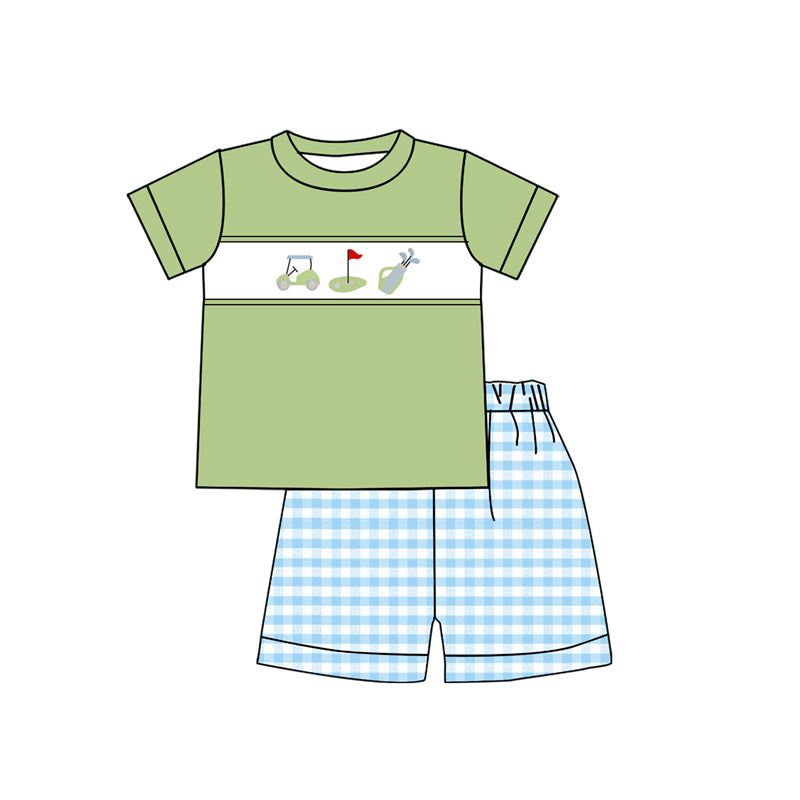 boy golf shirt blue gingham shorts outfit preorder