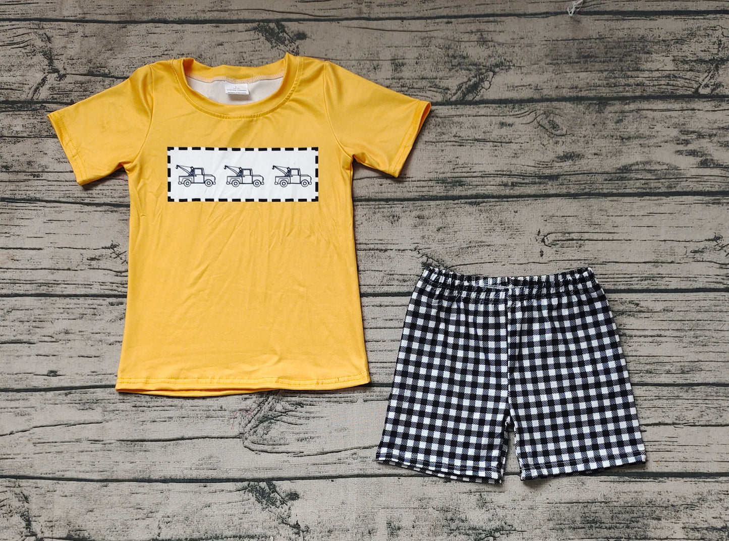 yellow trunk shirt black plaid shorts summer outfit preorder