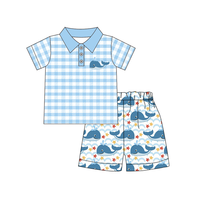 infant baby boy blue plaid whale summer clothing set preorder
