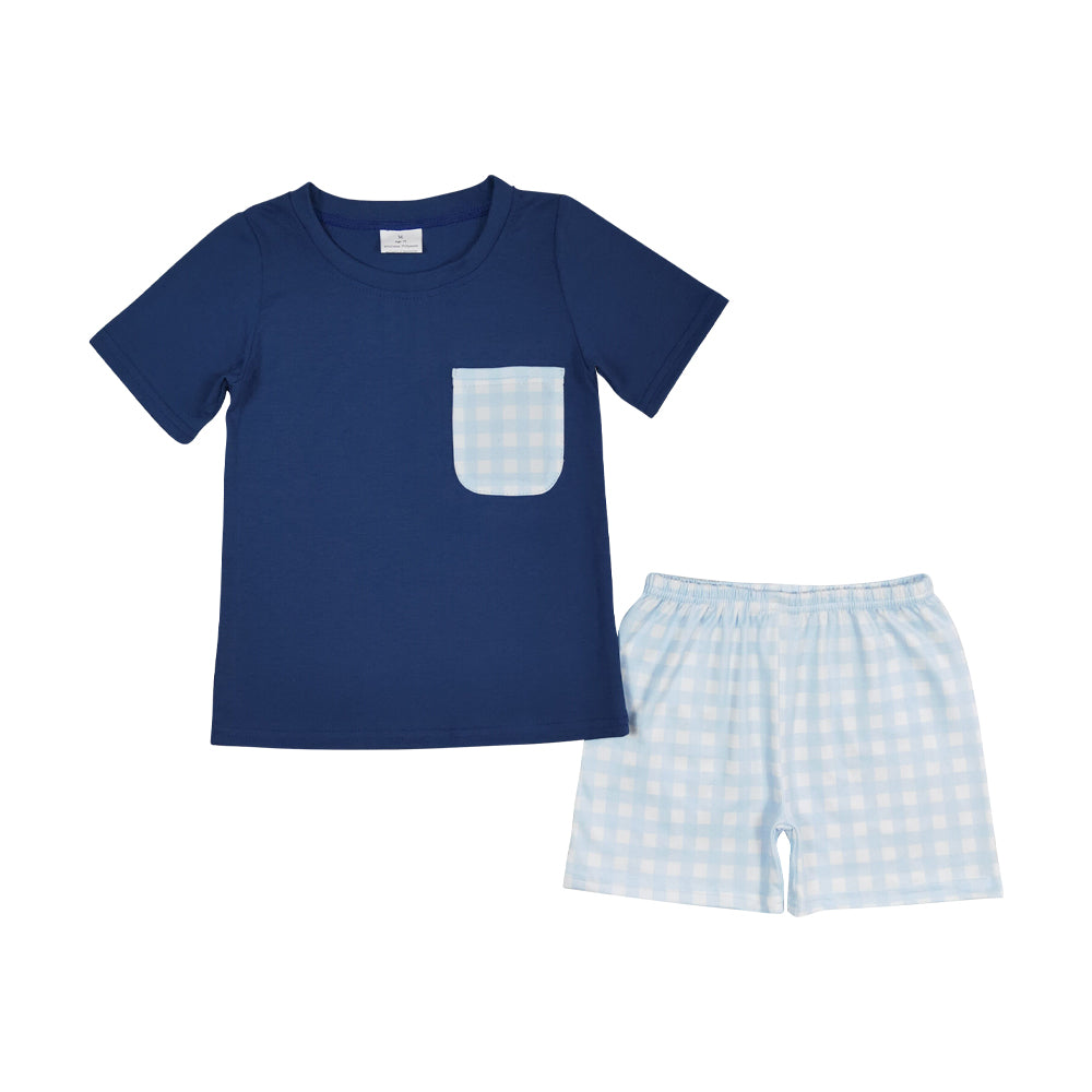 Blue plaid pocket shirt matching shorts boy outfit preorder