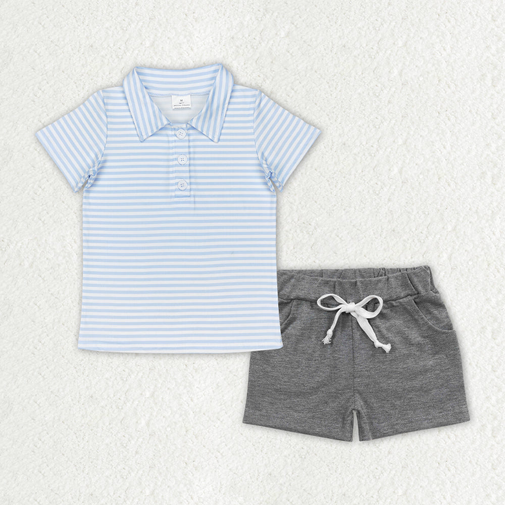 baby boy short sleeve blue stripes polo shirt grey cotton shorts summer clothes