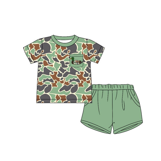 Green camo mallard duck baby boy summer shorts outfit preorder