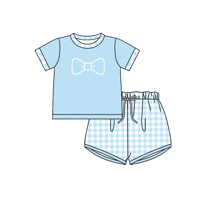 Blue bow short sleeve top plaid shorts baby outfit preorder