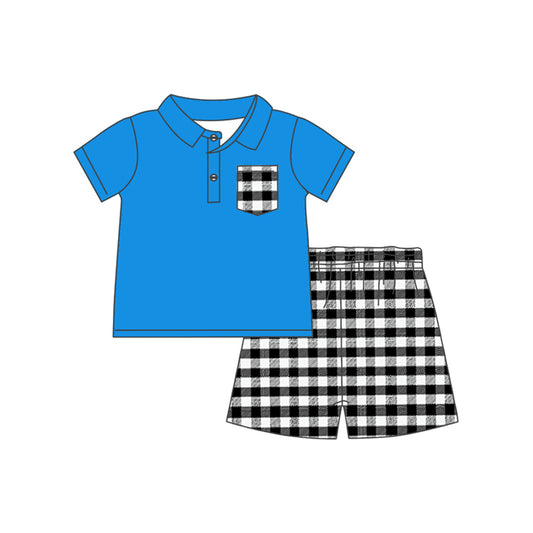 Baby boy  blue top plaid shorts summer outfit preorder