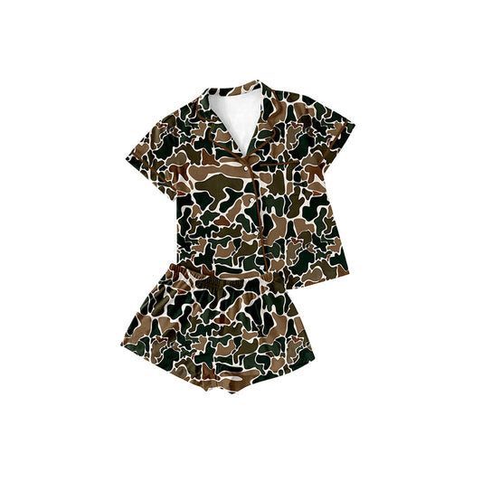 Dark brown green camo print baby boy short sleeve pajama set outfit preorder
