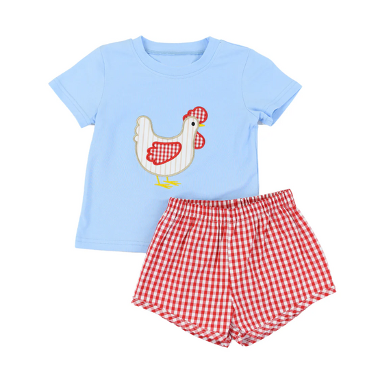 Farm chicken top plaid shorts baby boy outfit preorder
