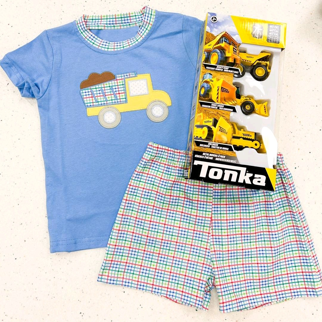 Blue construction shirt plaid shorts baby boy summer clothes preorder