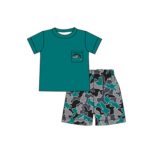 Green black grey camo fishing pocket boy short sleeve summer outfit preorder