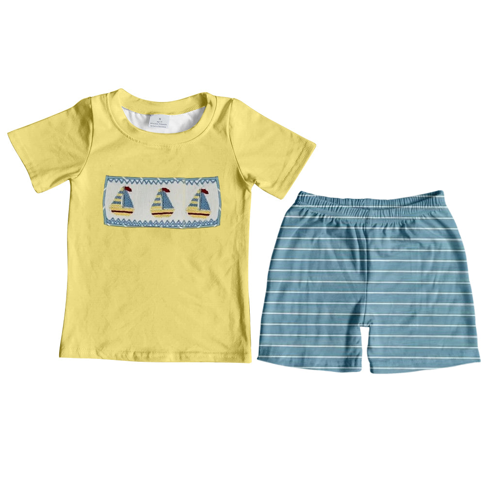 Sailboat yellow tshirt blue shorts baby boy summer outfit preorder