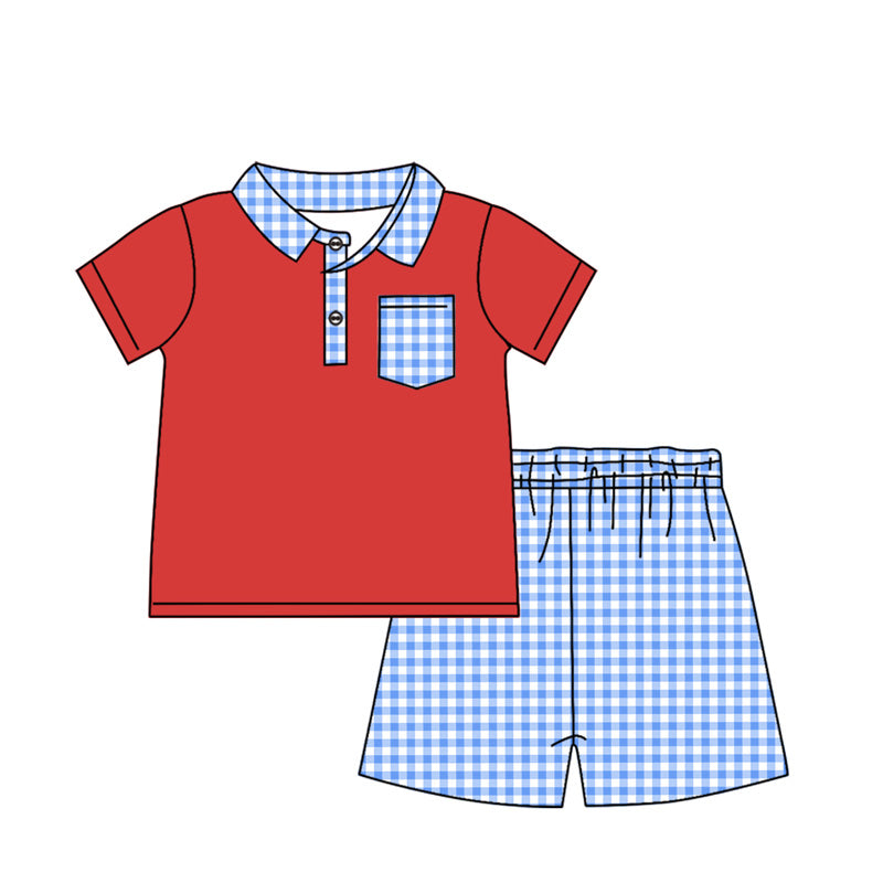 Baby boy red top plaid shorts July 4th outfit preorder