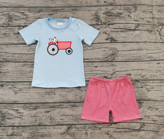 Baby boy embroidery farm tractor chicken design summer outfit preorder