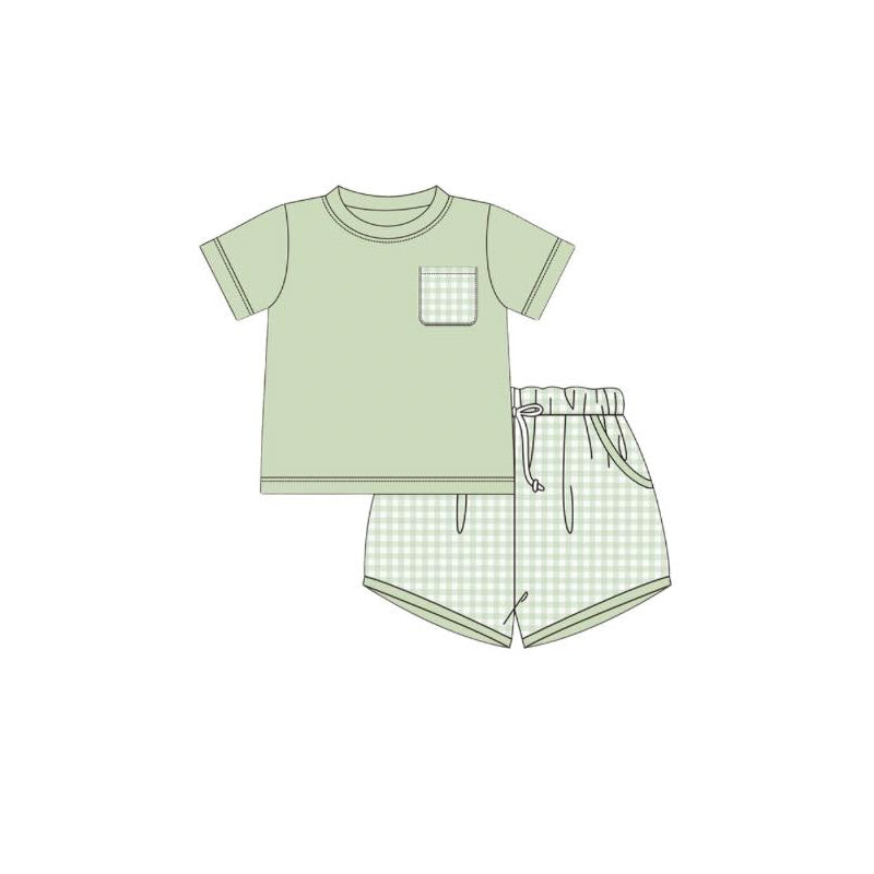 Baby boy green plaid pocket top matching shorts outfit preorder