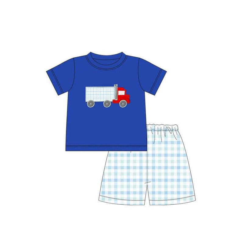 Baby boy car design blue top plaid shorts summer outfit preorder