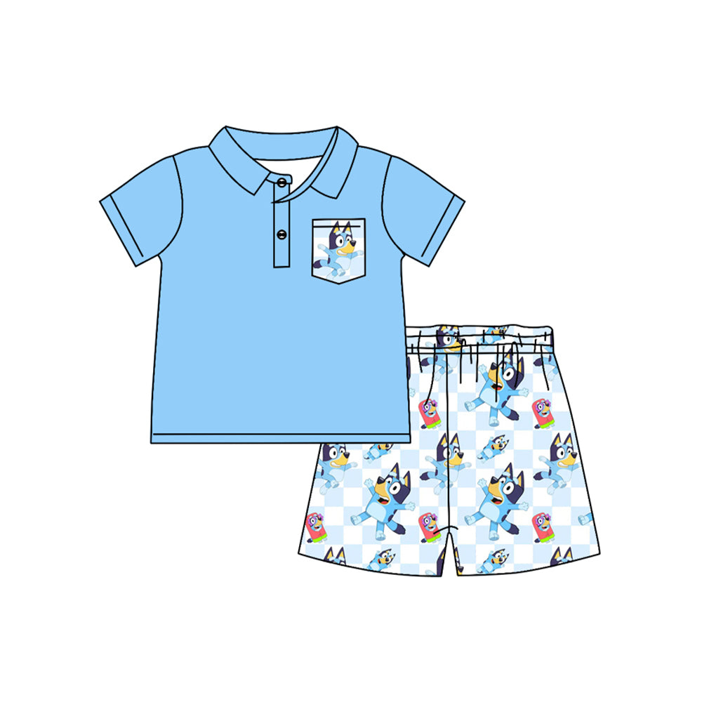 Blue cartoon dog pocket top matching shorts summer outfit preorder