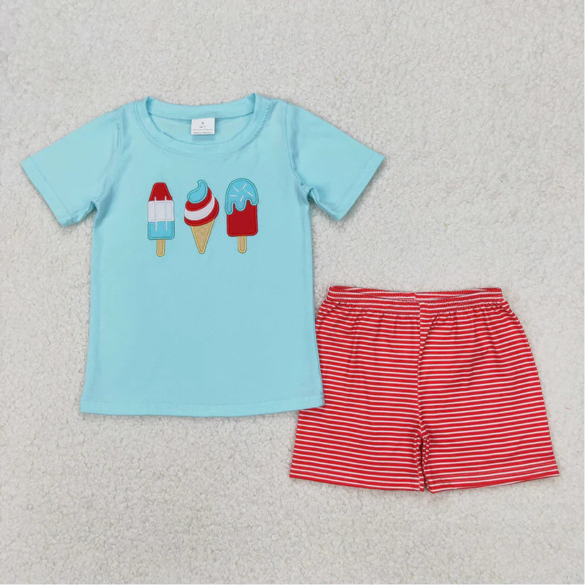 Embroidery Popsible short sleeve top matching shorts boy summer outfit