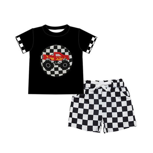 Baby boy car design shirt black plaid shorts summer outfit preorder