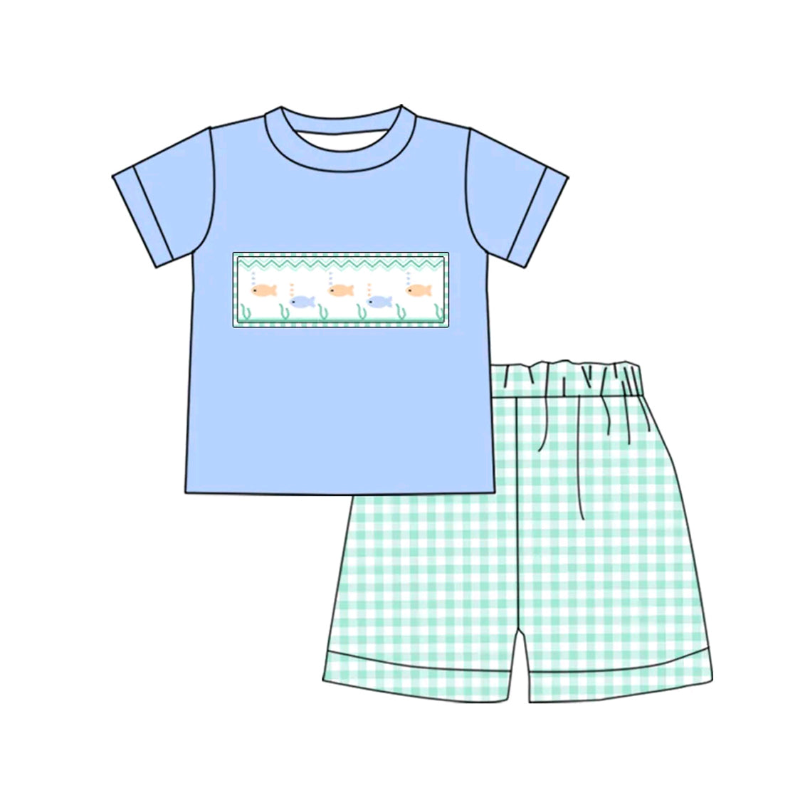 Kids fish top green plaid shorts summer outfit preorder