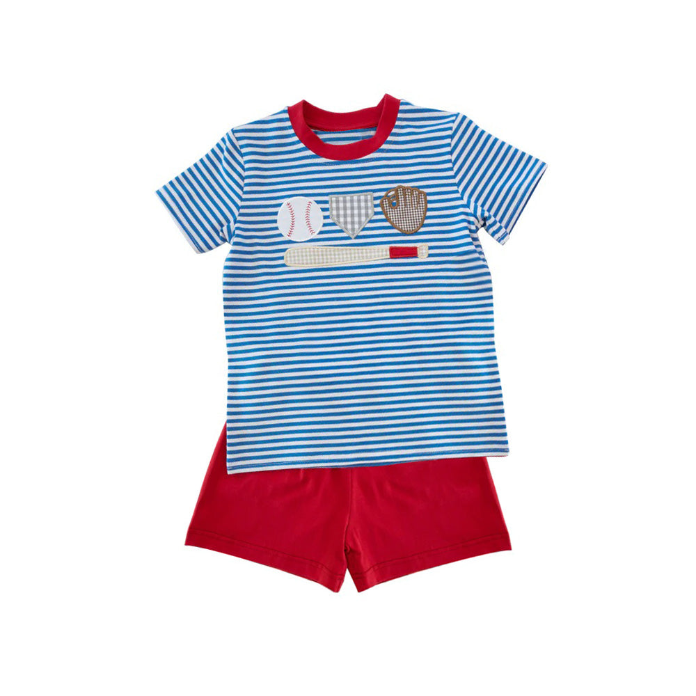 Baby boy blue stripes baseball summer outfit preorder