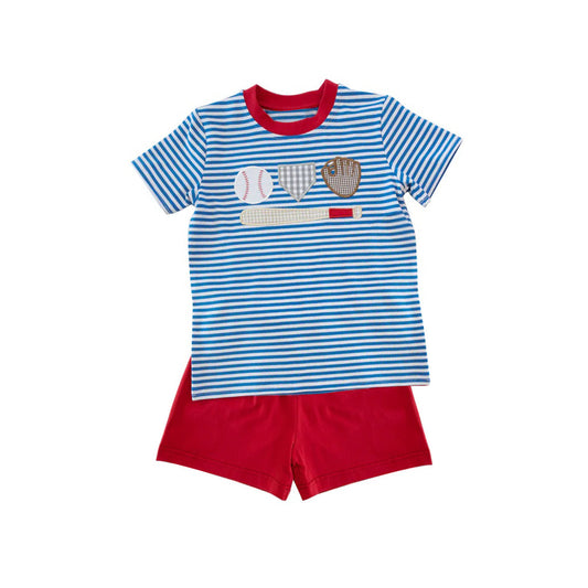Baby boy blue stripes baseball summer outfit preorder