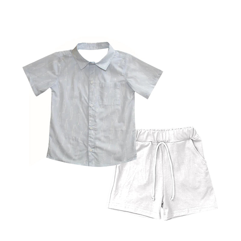 Toddle baby boy grey fish shirt white shorts summer outfit preorder