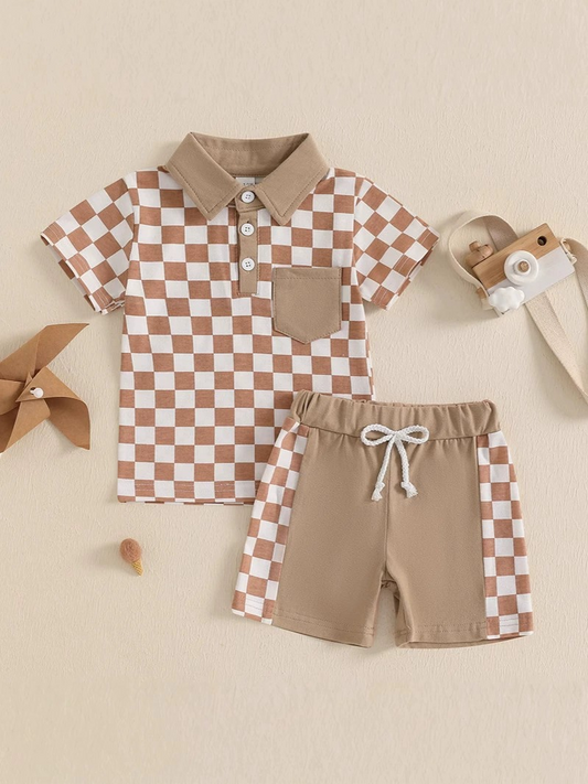 Baby boy khaki checkered summer outfit preorder