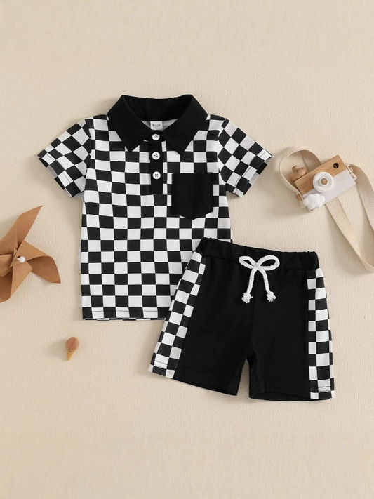 Baby boy black checkered summer outfit preorder
