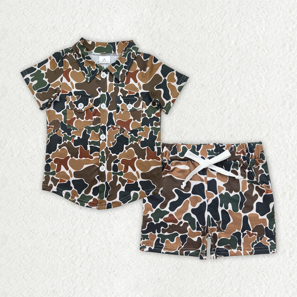 Blue camo shirt matching shorts boy summer outfit