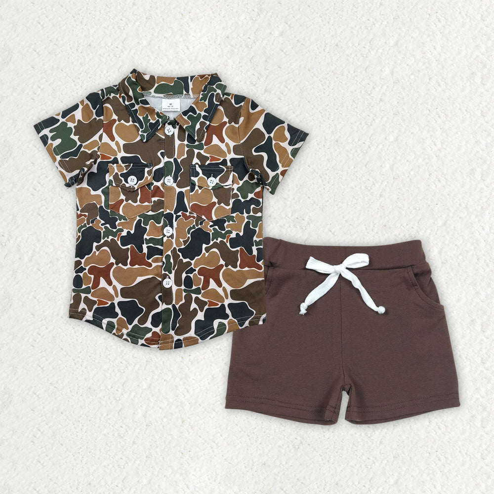 Blue camo shirt matching brown shorts boy summer outfit