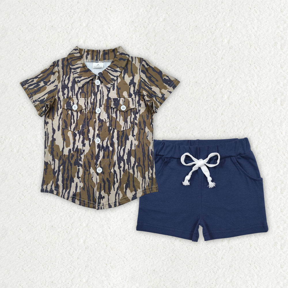 camo shirt matching blue shorts boy summer outfit