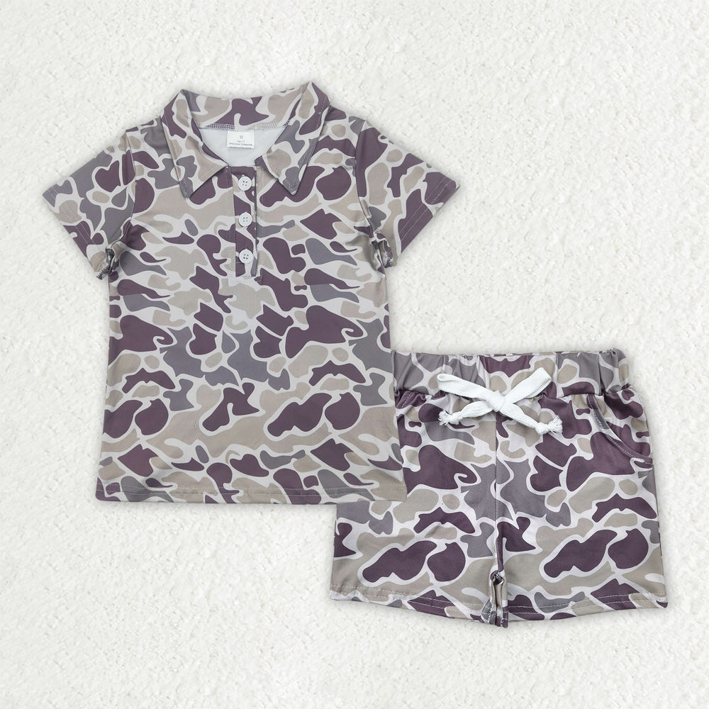 Dark grey camo shirt matching brown shorts boy summer outfit