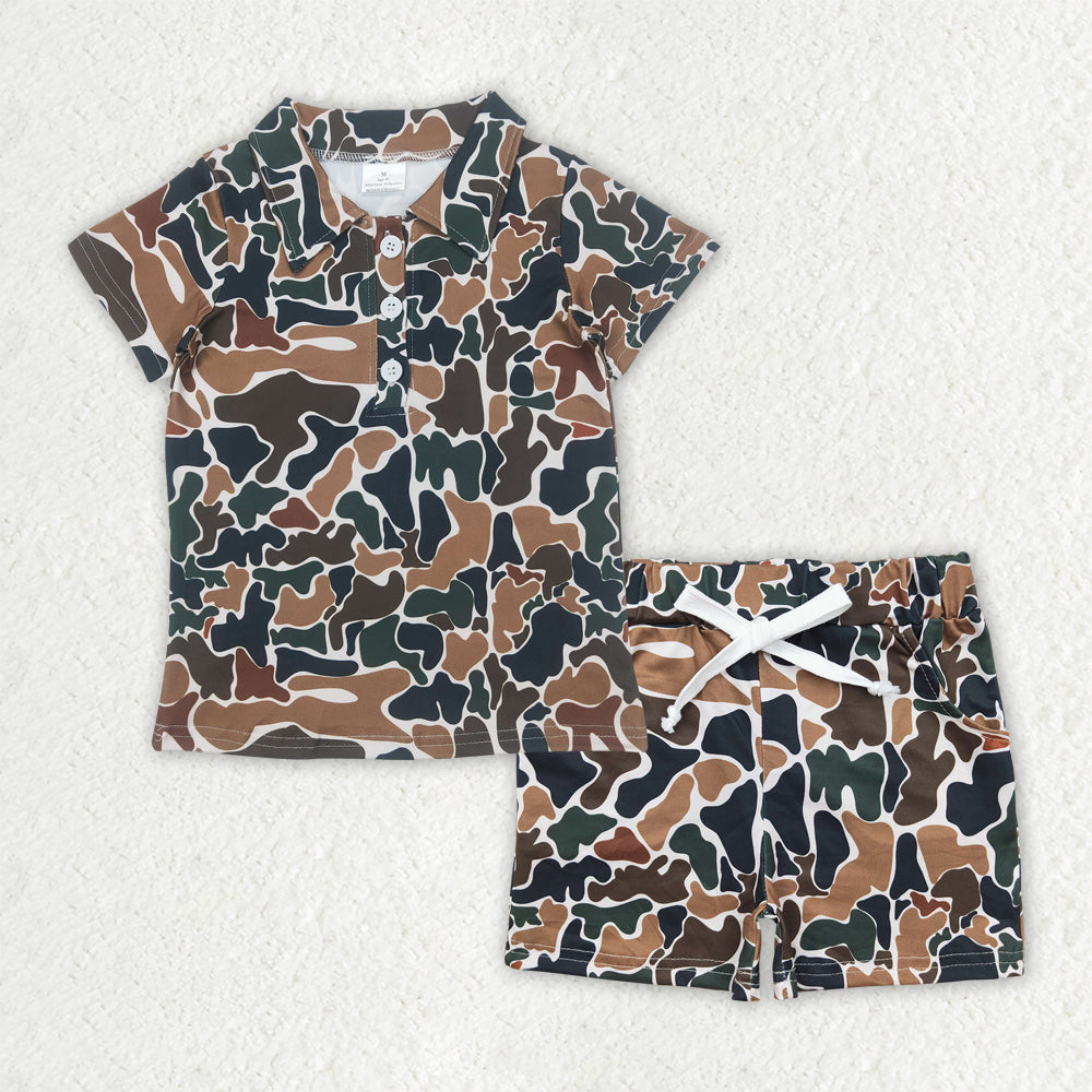 Brown camo shirt matching brown shorts boy summer outfit