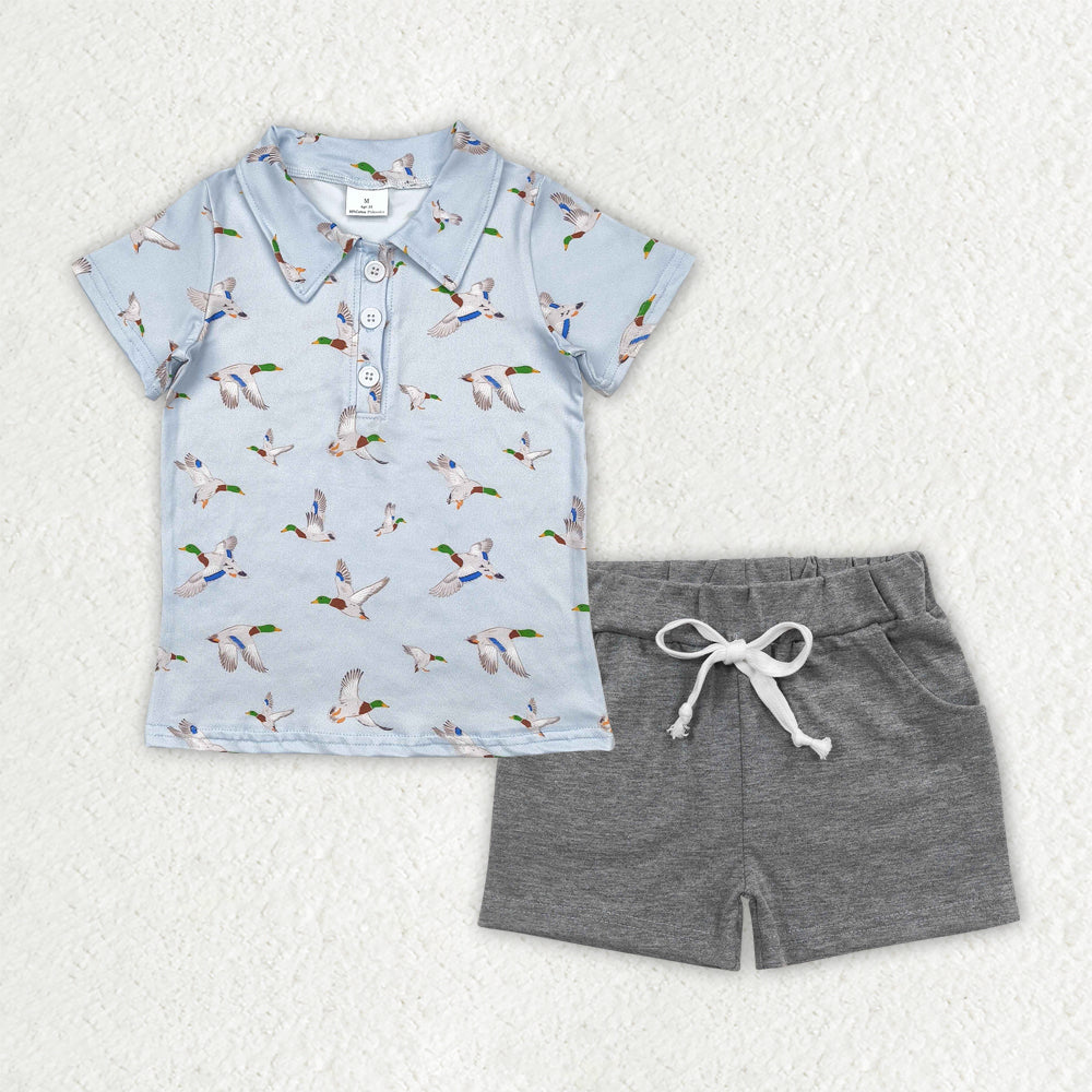 Mallard duck shirt matching grey shorts boy summer outfit