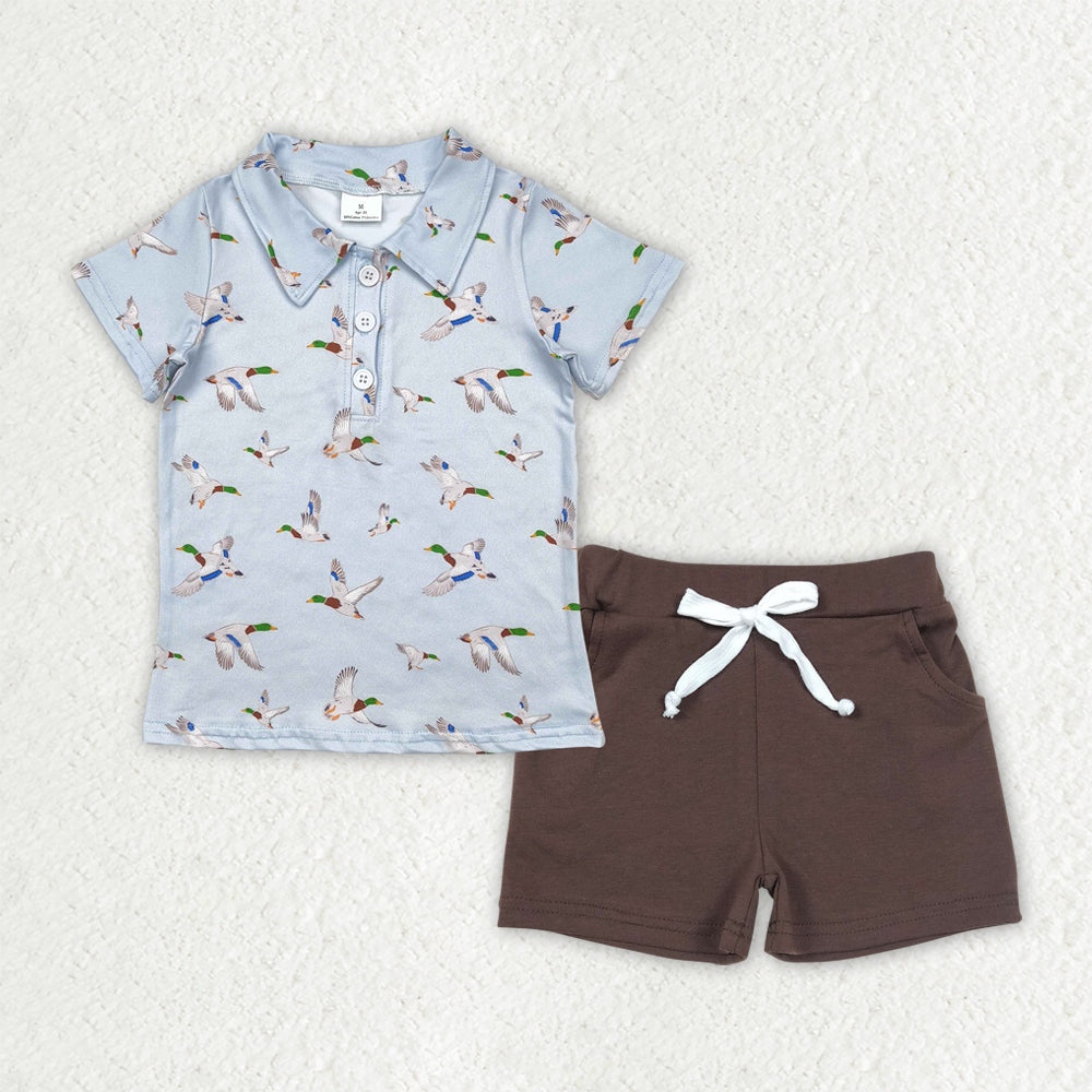 Mallard duck shirt matching brown shorts boy summer outfit