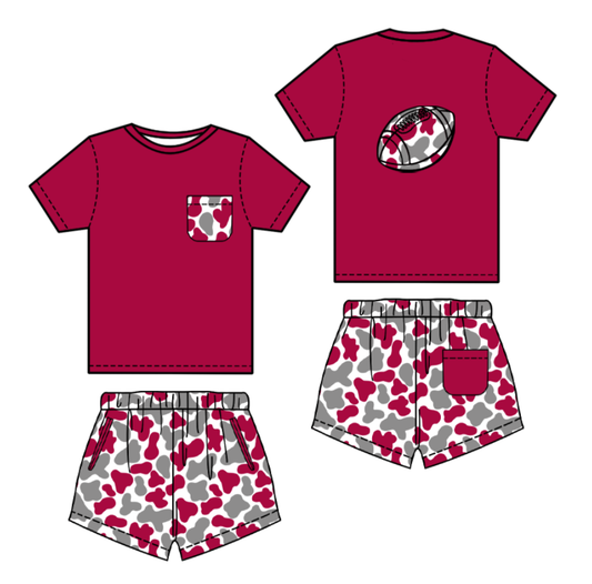 Football maroon shirt camo shorts kids boys summer outfit preorder