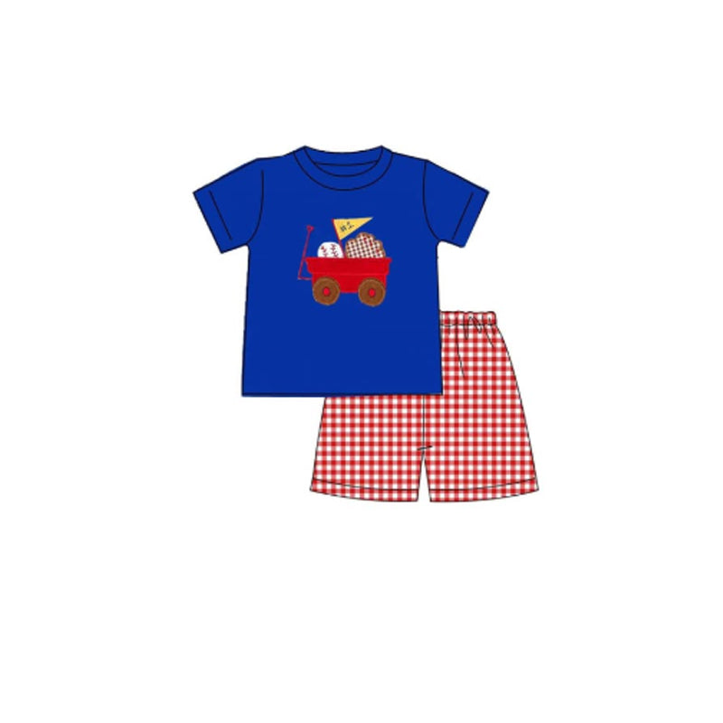 Kids boy baseball shirt red plaid shorts summer outfit preorder