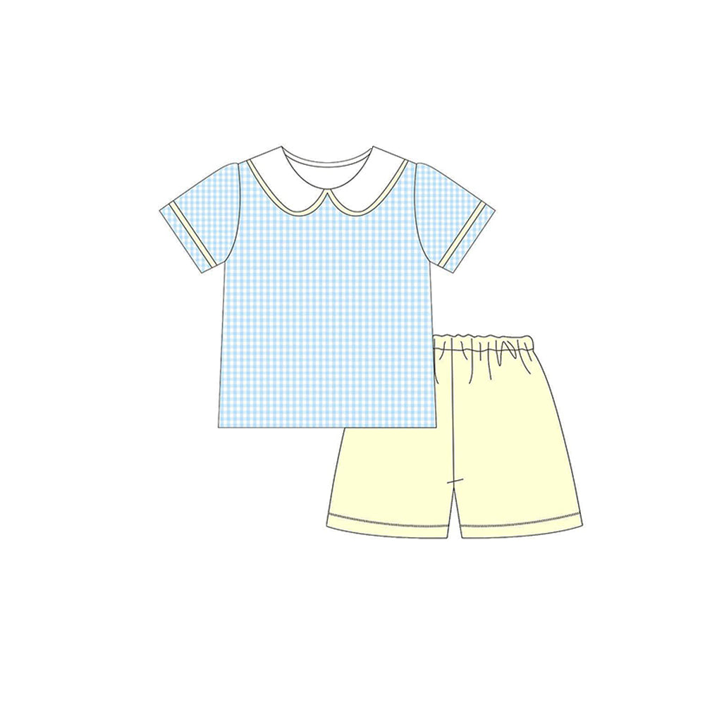 Blue plaid shirt matching shorts boys holiday outfit preorder