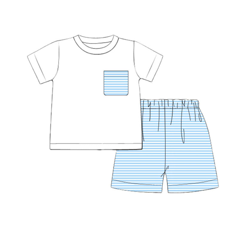 Blue stripes pocket  top matching shorts boys summer outfit preorder