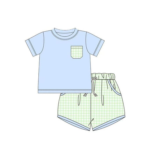 Green plaid pocket  top matching shorts boys summer outfit preorder