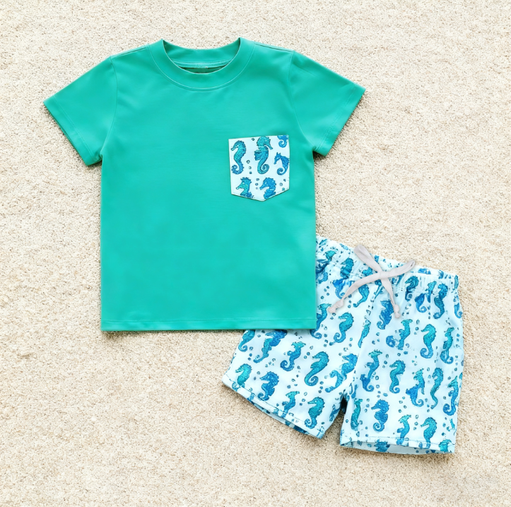 Sea horse pocket top matching shorts boy summer outfit preorder