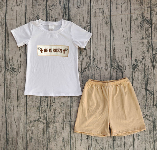 Embroidery He is risen top matching shorts boy summer outfit