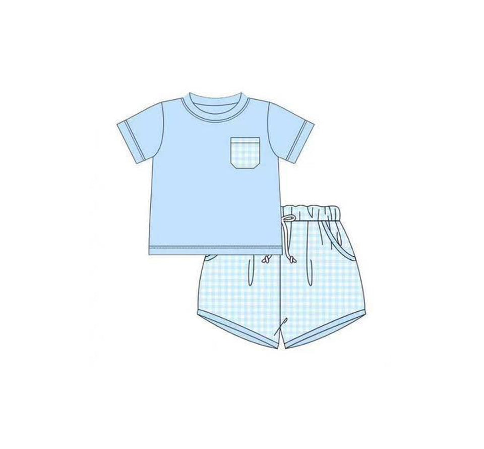 Blue plaid top matching shorts boy summer outfit preorder