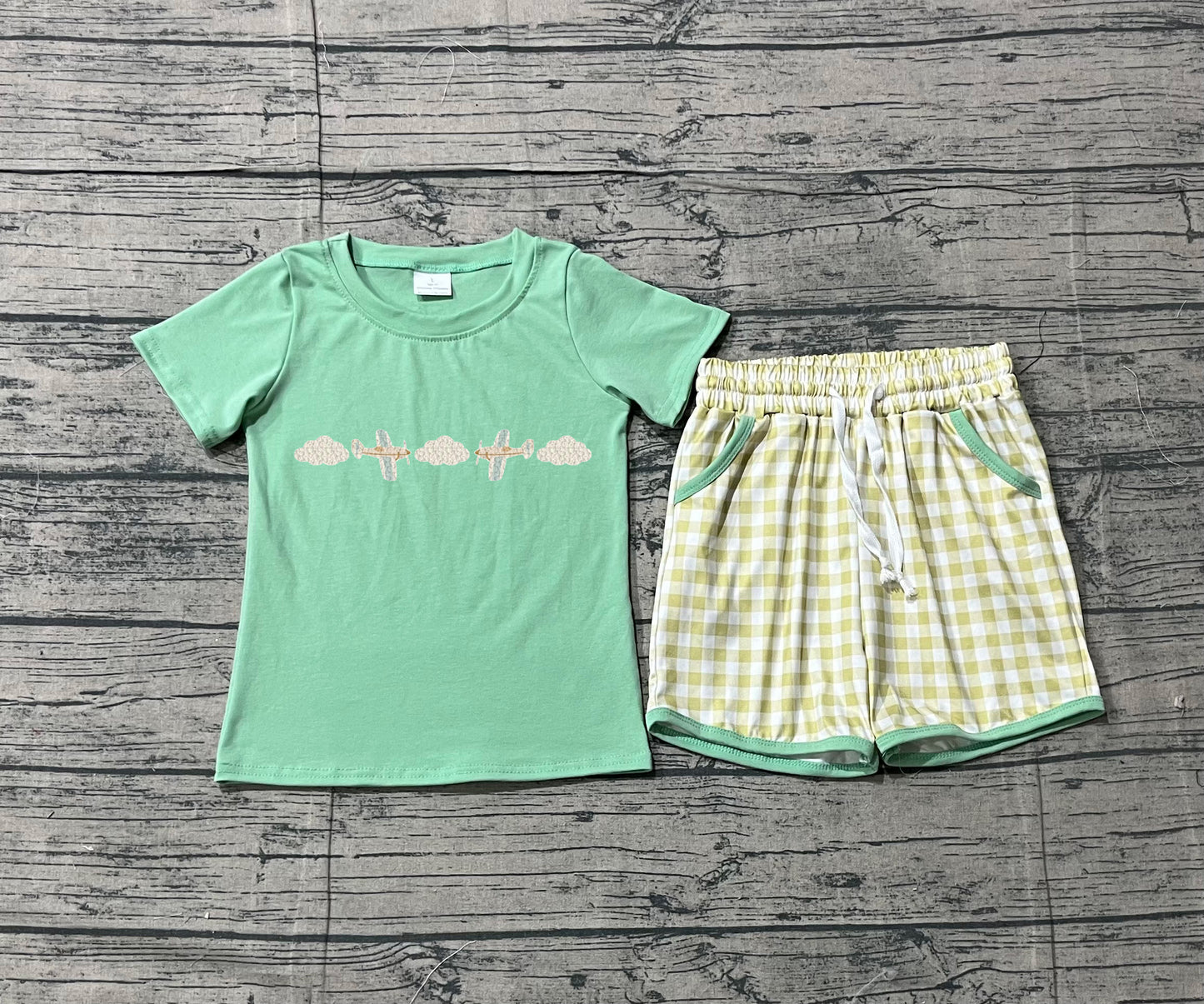 Airplane embroidery top matching shorts boy summer outfit preorder