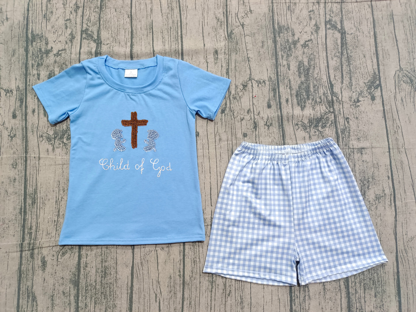 Easter cross embrodiery top matching shorts boys summer outfit preorder