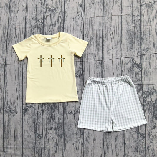 Easter cross embroidery top matching shorts boy summer outfit preorder