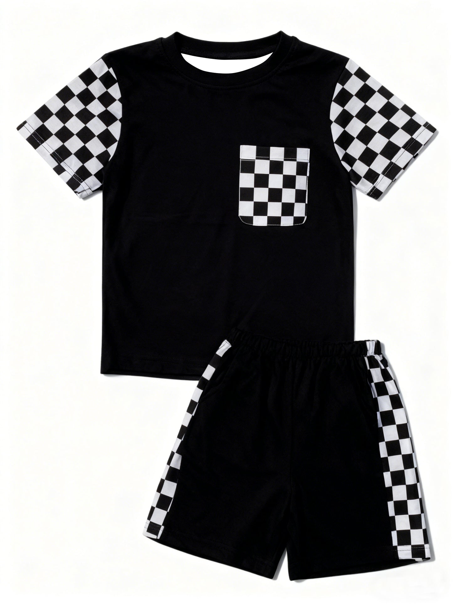 Black checkered design top matching shorts boy summer outfit preorder