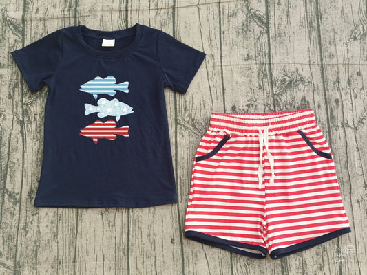 Embroidery Fishing design top matching shorts boy summer outfit preorder